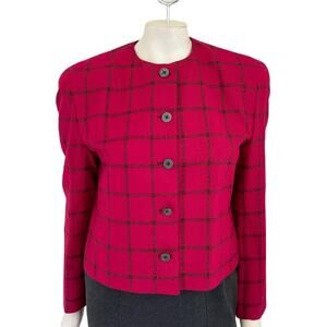 VTG CORBIN LTD 100% Wool Graph Plaid Cropped Suit Jacket Red Black SZ 10